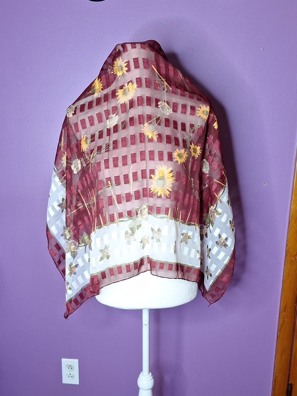 Sheer Burgundy Sunflower Floral Scarf/Wrap